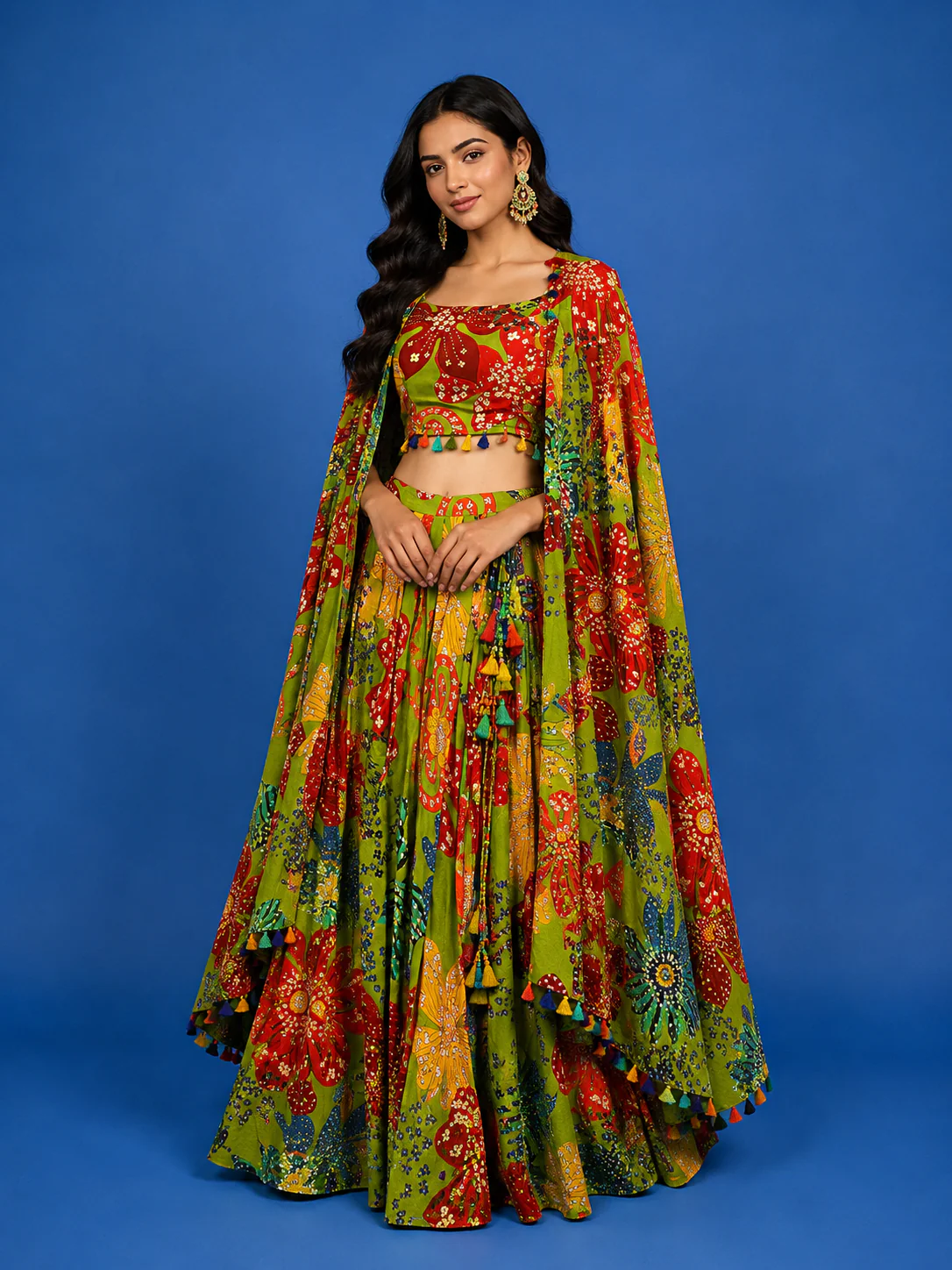 Green Lehenga Embellished with Floral Printed Designs, Paired with Overcoat